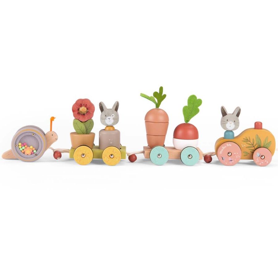 Moulin Roty, järelveetav puidust virnastatav Rong - Three Little Rabbits