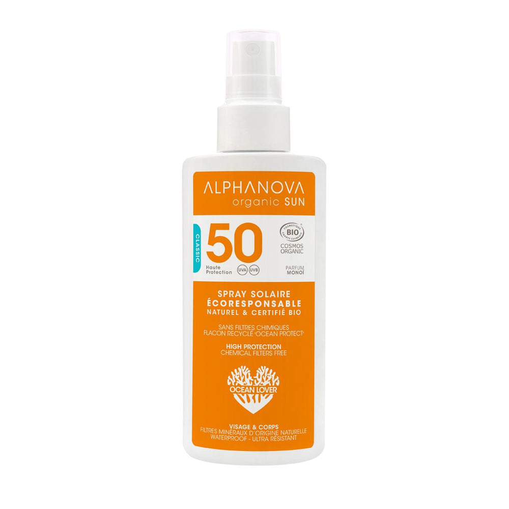 ALPHANOVA SUN orgaaniline monoi lõhnaline veekindel mineraalsete filtritega sprei päikesekreem SPF 50, 125ml