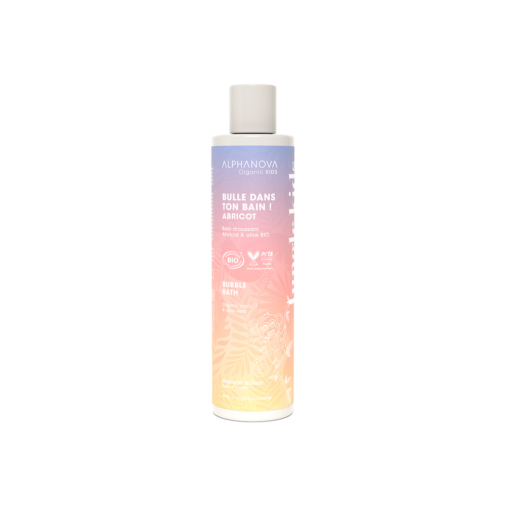 ALPHANOVA KIDS orgaaniline nahka niisutav aprikoosilõhnaline vannivaht lastele Aloe veraga, 250 ml