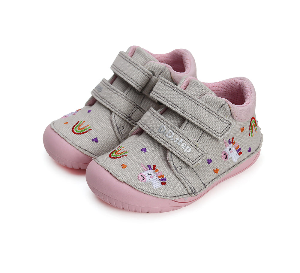 D.D. Step tekstiilist barefoot-tossud, light grey. Ükssarvik ja vikerkaar 070