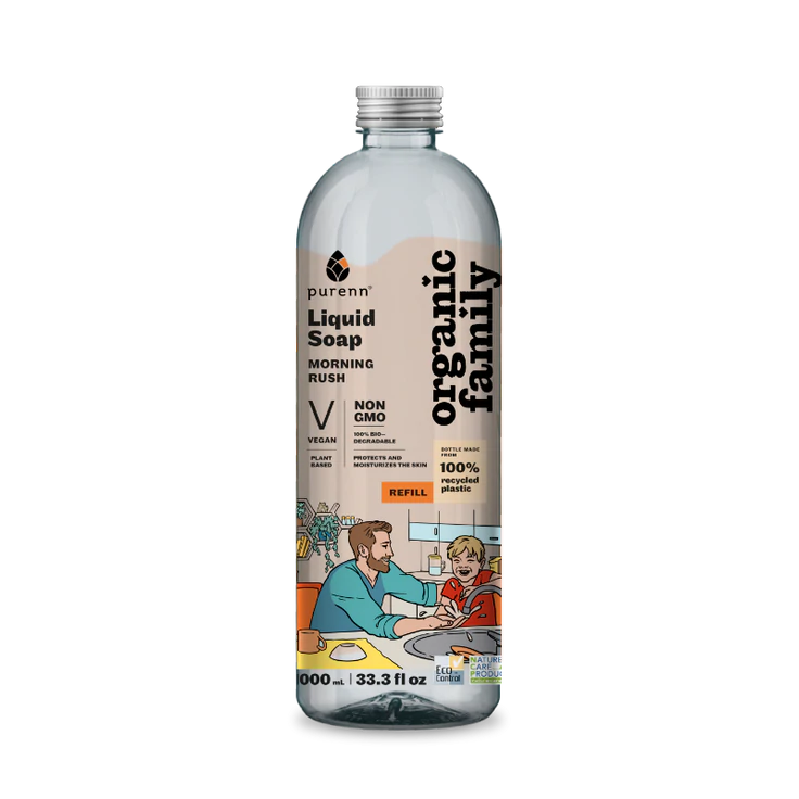 PURENN MORNING RUSH looduslik niisutav vedelseep saialillega TÄITEPAKEND, 1000 ml