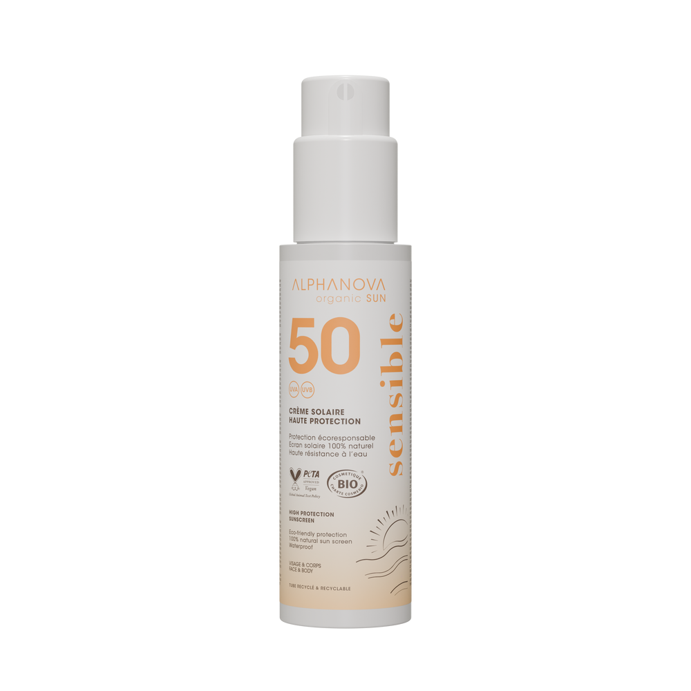 ALPHANOVA Organic Sun Sensitiv+ lõhnavaba orgaaniline päikesekaitsesprei SPF 50+ tundlikule ja reaktiivsele nahale, 100 g