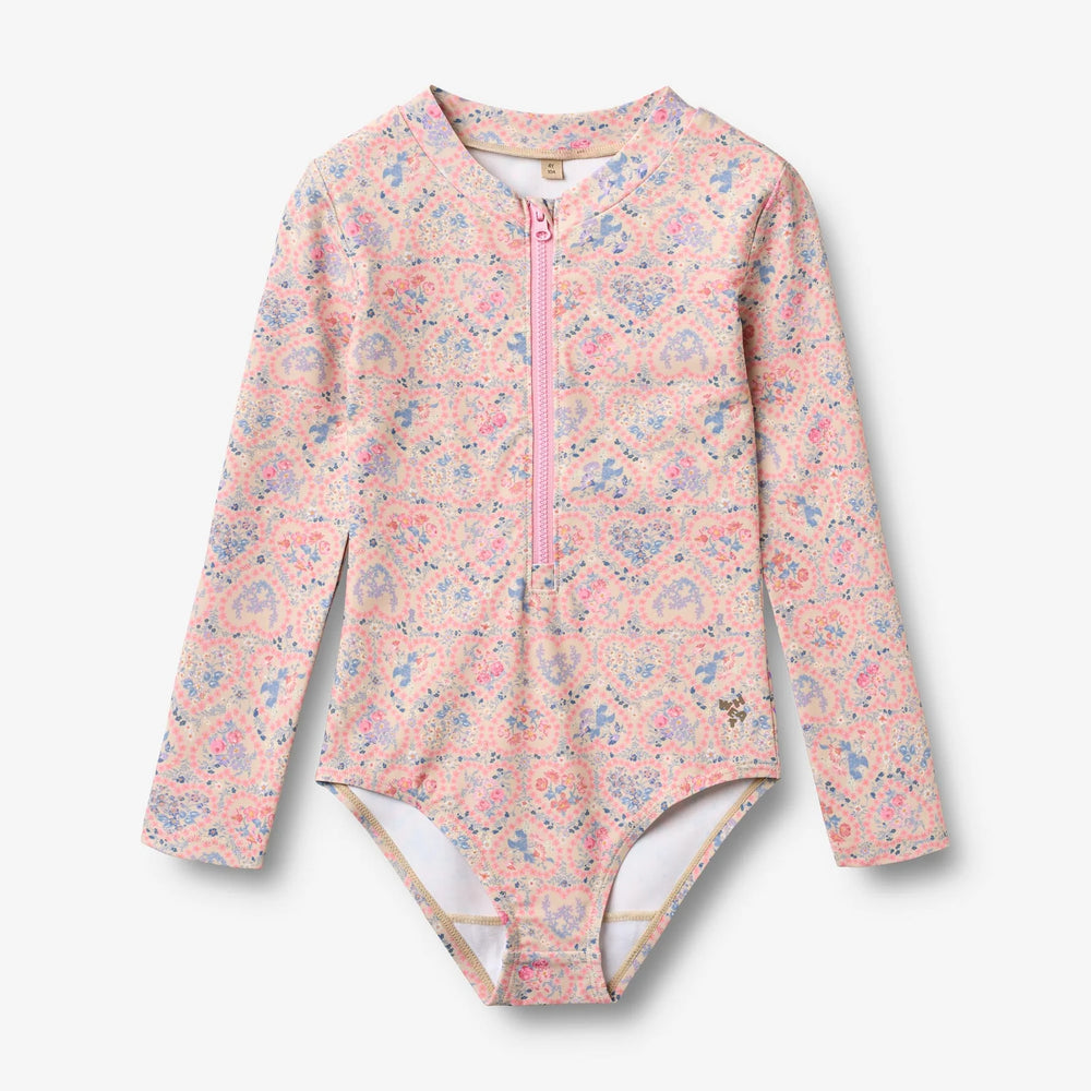 Wheat Margot pikkade varrukatega ujumistrikoo, pink heart flowers