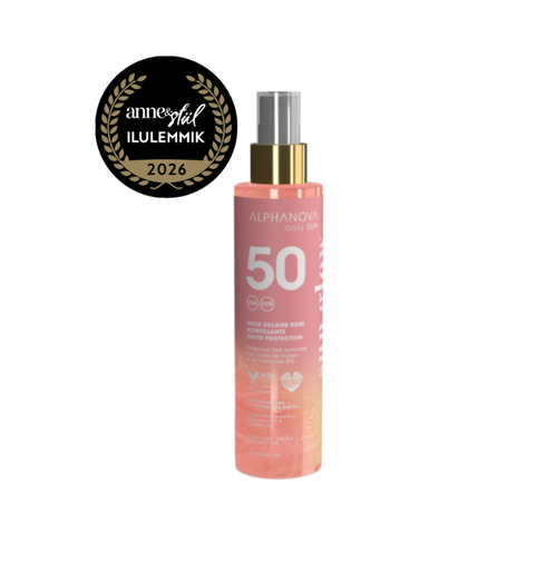 ALPHANOVA DAILY SUN SPF50 säraosakestega päikesekaitseõli vaarikaseemneõliga ja monoi lõhnaga, 125ml