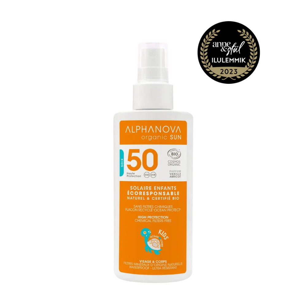 ALPHANOVA SUN orgaaniline vanilje-aprikoosi lõhnaline päikesekaitse sprei lastele SPF 50, 125ml