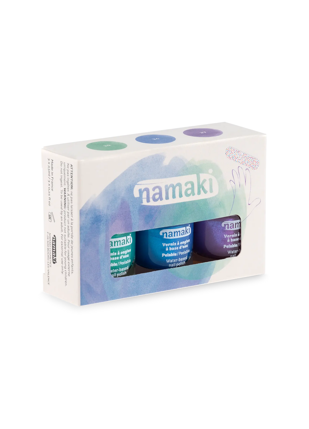 NAMAKI kolmest mahakooritavast küünelakist ja viilist koosnev komplekt, Aurora Borealis 3*7,5 ml