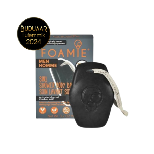 FOAMIE 3in1 aktiivsöe ja kakaovõiga tahke seep-šampoon-dušigeel meestele What a man, 90 gr