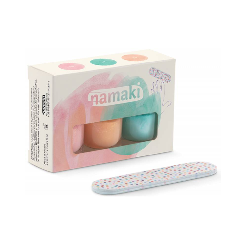 NAMAKI kolmest mahakooritavast küünelakist ja viilist koosnev komplekt, SUMMER DELIGHTS 3*7,5 ml