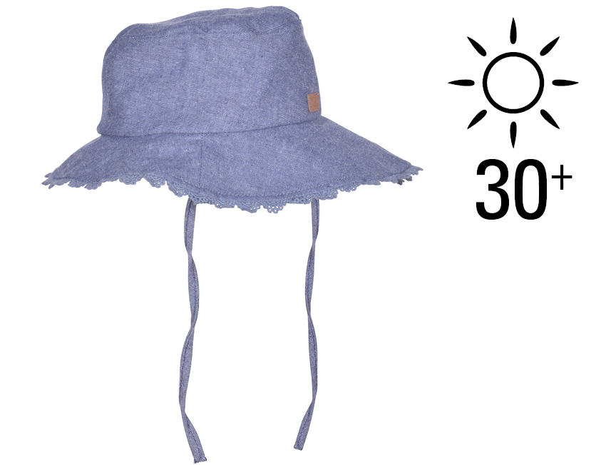 Melton UV30 kaitsega suvemüts, teksasinine pitsiga Lasteriided - HellyK - Kvaliteetsed lasteriided, villariided, barefoot jalatsid