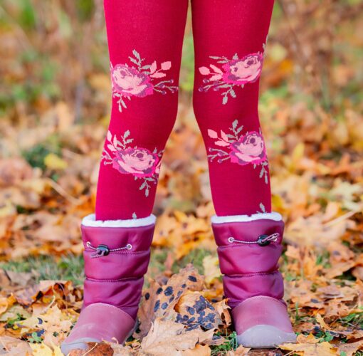 Meriinovillased sukkpüksid, bordeaux, lillega Villariided - HellyK - Kvaliteetsed lasteriided, villariided, barefoot jalatsid