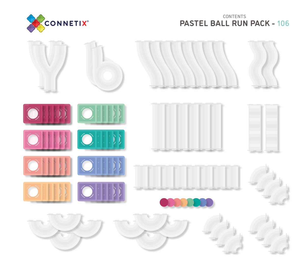 Connetix Pastel Ball Run , 106tk CONNETIX magnetklotsid - HellyK - Kvaliteetsed lasteriided, villariided, barefoot jalatsid