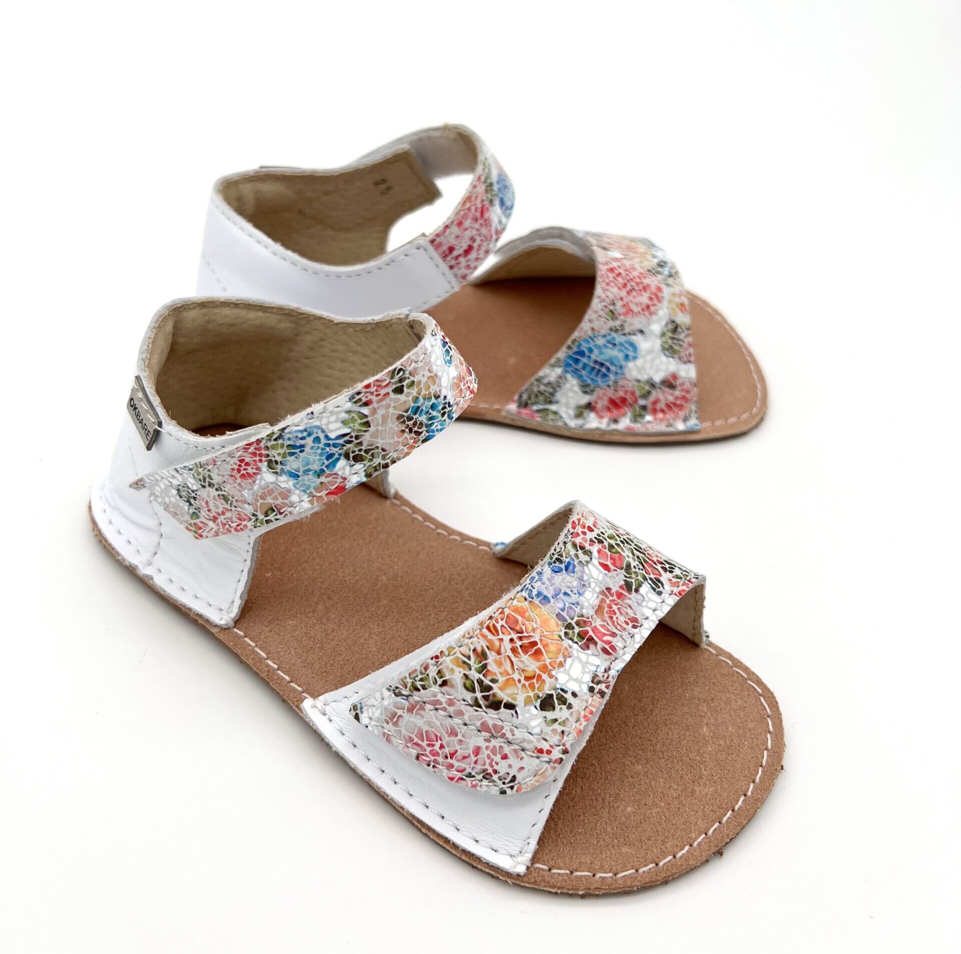 Ok Bare Mirrisa sandaalid, Valge+Lilled Laste barefoot jalatsid - HellyK - Kvaliteetsed lasteriided, villariided, barefoot jalatsid
