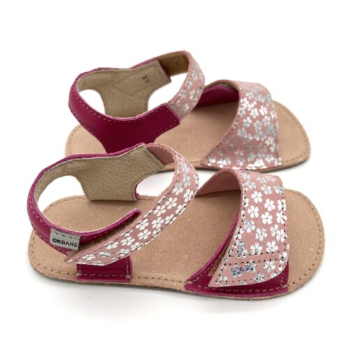 Ok Bare Mirrisa sandaalid, Fuksia Lilled Laste barefoot jalatsid - HellyK - Kvaliteetsed lasteriided, villariided, barefoot jalatsid