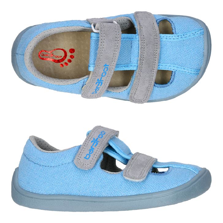 3F Bar3foot taaskasutatud tekstiilist sandaalid- Blue Laste barefoot jalatsid - HellyK - Kvaliteetsed lasteriided, villariided, barefoot jalatsid