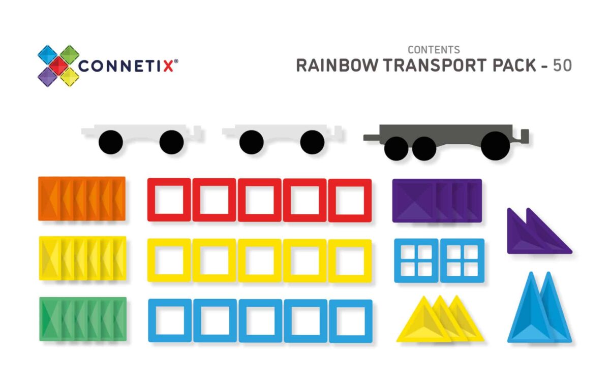 Connetix 50 pc Rainbow Transport Pack Connetix magnetklotsid - HellyK - Kvaliteetsed lasteriided, villariided, barefoot jalatsid