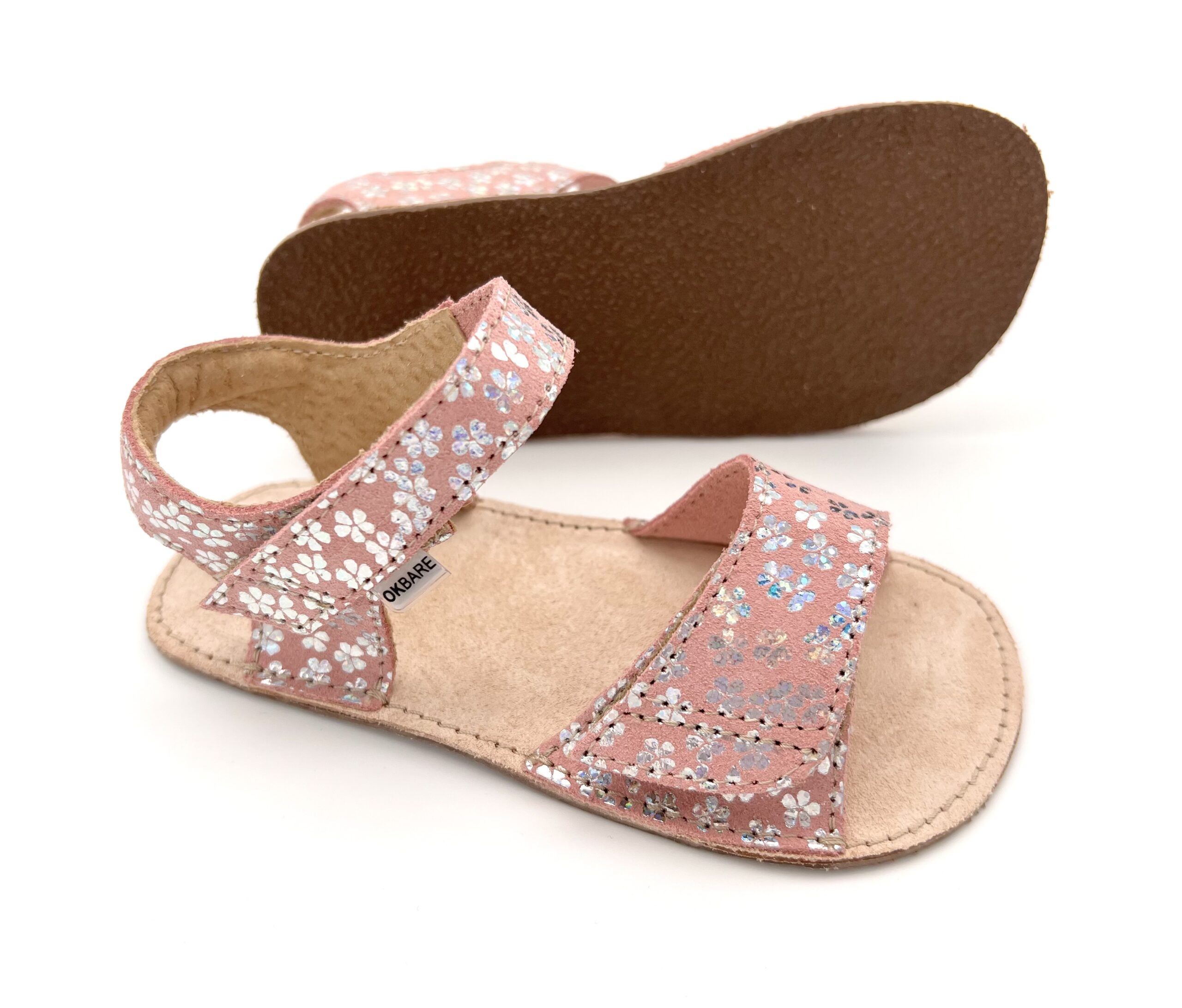 Ok Bare Palm sandaalid, Valge+Lilled (G) Laste barefoot jalatsid - HellyK - Kvaliteetsed lasteriided, villariided, barefoot jalatsid