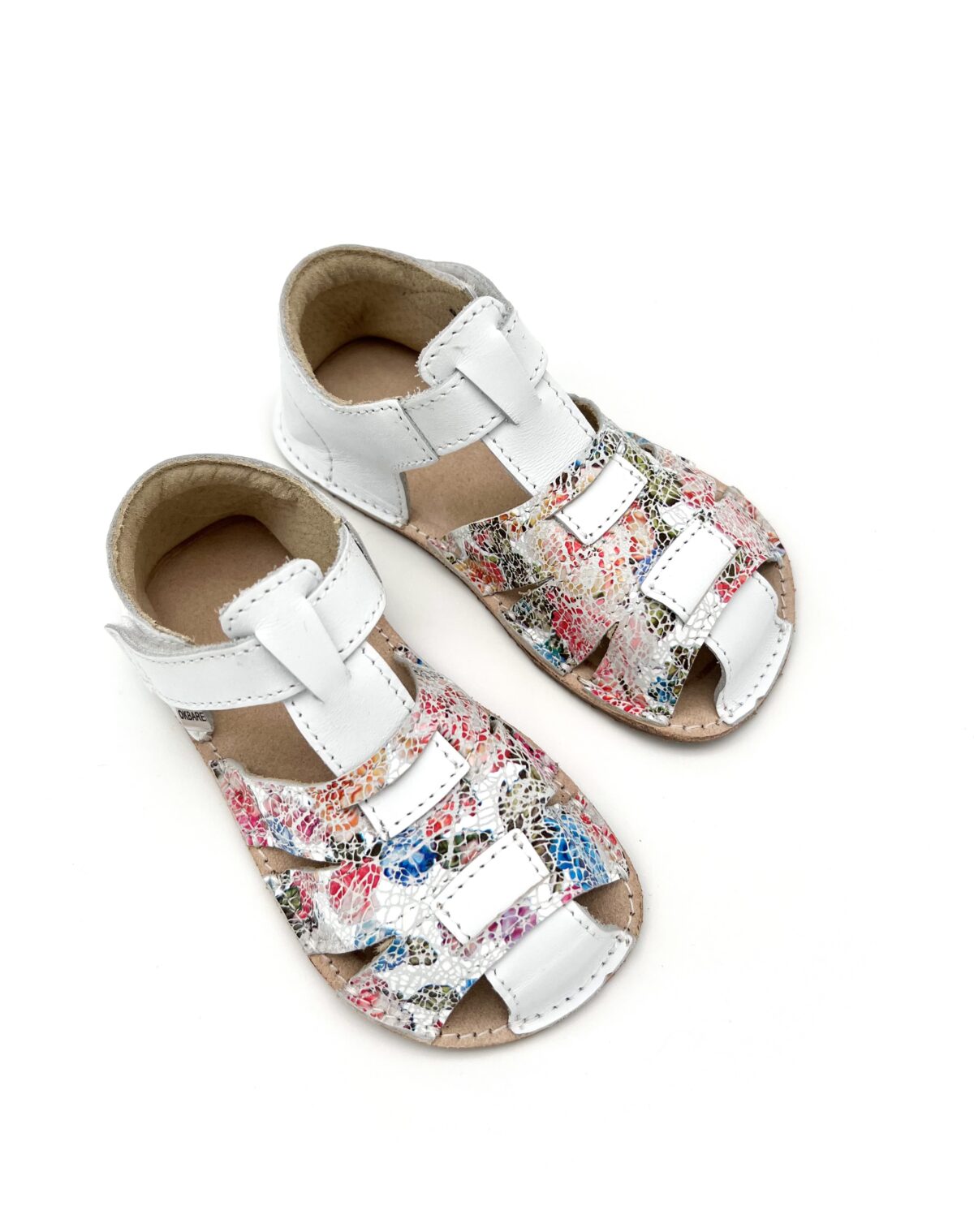 Ok Bare Palm sandaalid, Valge+Lilled (G) Laste barefoot jalatsid - HellyK - Kvaliteetsed lasteriided, villariided, barefoot jalatsid