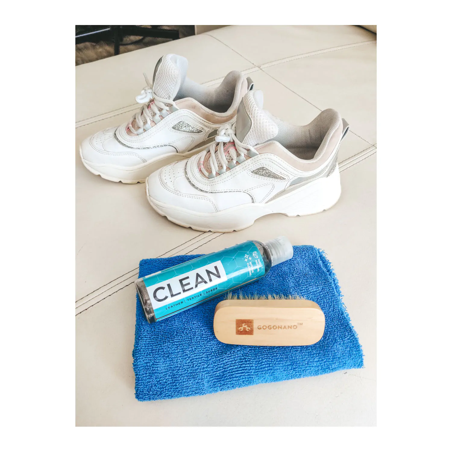 White-shoes-cleaning-with-ecofriendly-gogonano-cleaner-hog-hair-brush