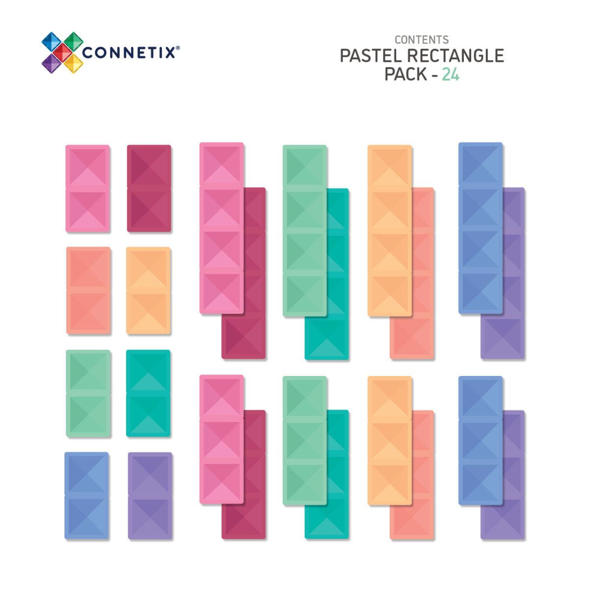 Connetix Pastel Rectangle Pack 24 pc CONNETIX magnetklotsid - HellyK - Kvaliteetsed lasteriided, villariided, barefoot jalatsid