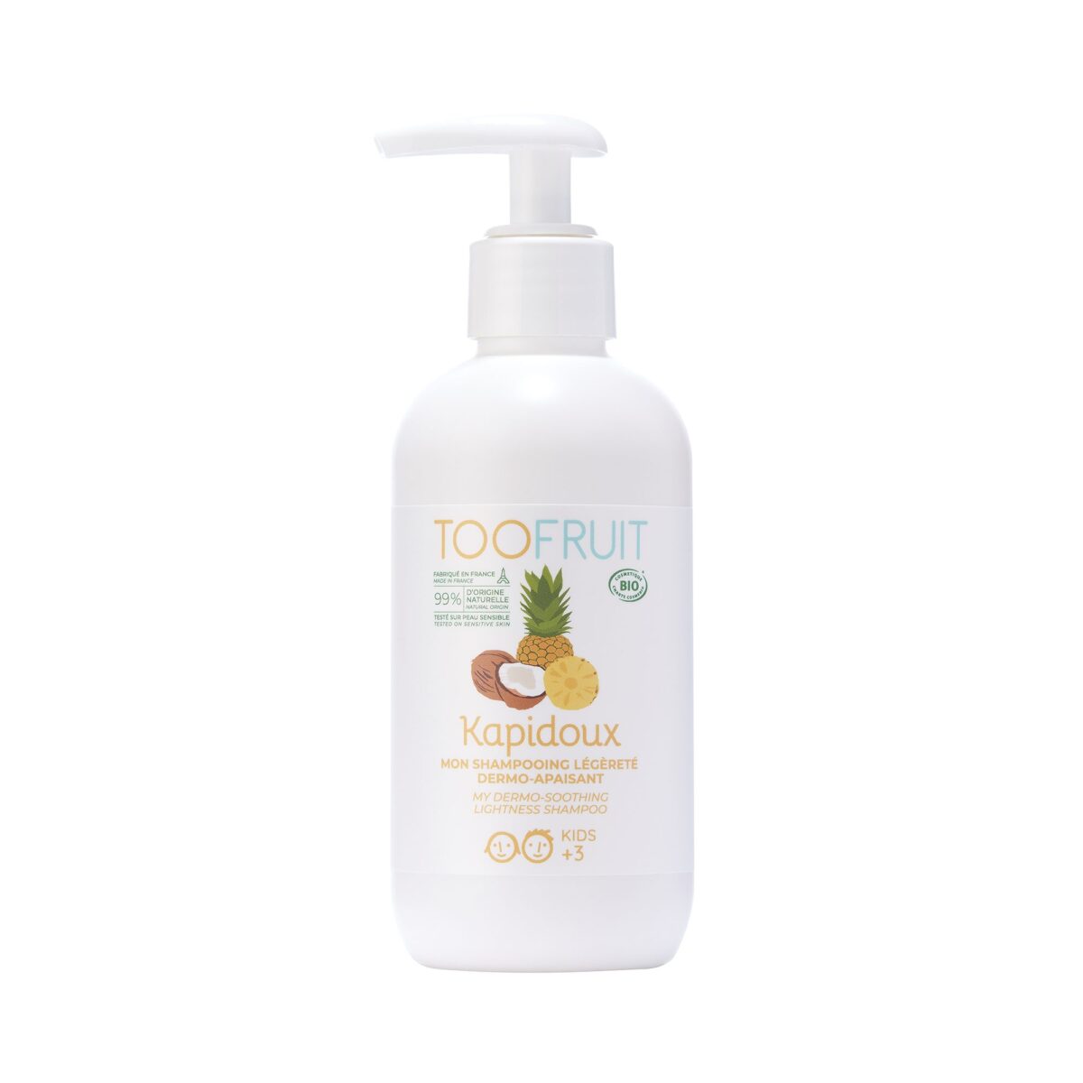 TOOFRUIT orgaaniline pisaravaba niisutav ja silendav šampoon lastele kookose-ananassi lõhnaga, 200 ml Hooldusvahendid ja kosmeetika - HellyK - Kvaliteetsed lasteriided, villariided, barefoot jalatsid