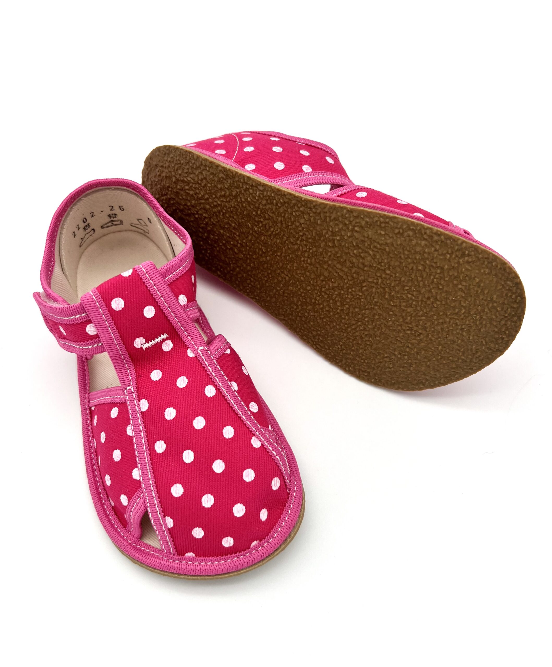Baby Bare sisejalatsid Pink Dot Laste barefoot jalatsid - HellyK - Kvaliteetsed lasteriided, villariided, barefoot jalatsid
