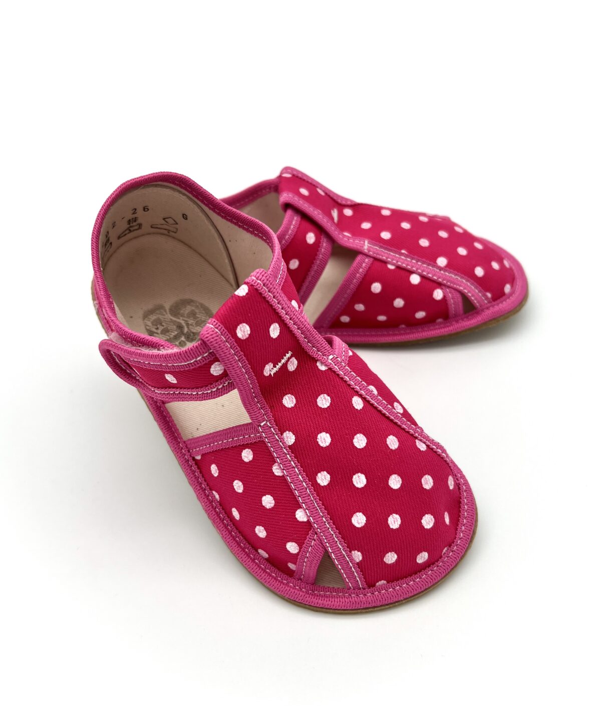 Baby Bare sisejalatsid Pink Dot Laste barefoot jalatsid - HellyK - Kvaliteetsed lasteriided, villariided, barefoot jalatsid