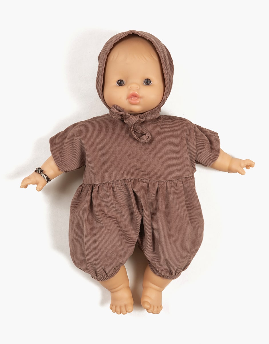 Minikane® Babies Noa velvetist romper ja beebimüts, Chectnut Mänguasjad - HellyK - Kvaliteetsed lasteriided, villariided, barefoot jalatsid