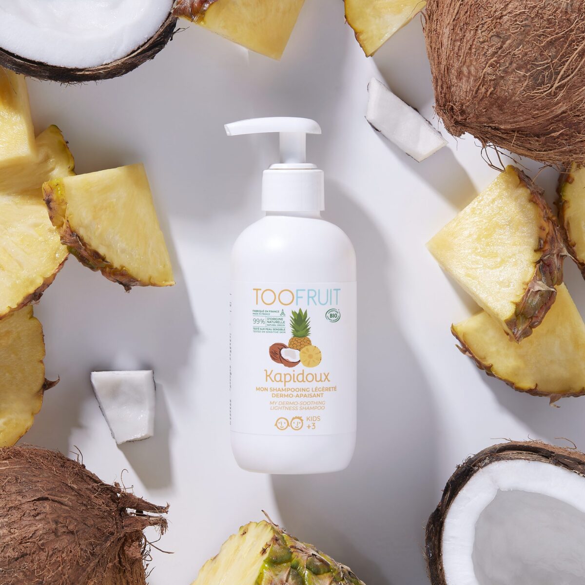 TOOFRUIT orgaaniline pisaravaba niisutav ja silendav šampoon lastele kookose-ananassi lõhnaga, 200 ml Hooldusvahendid, kosmeetika ja aksessuaarid - HellyK - Kvaliteetsed lasteriided, villariided, barefoot jalatsid
