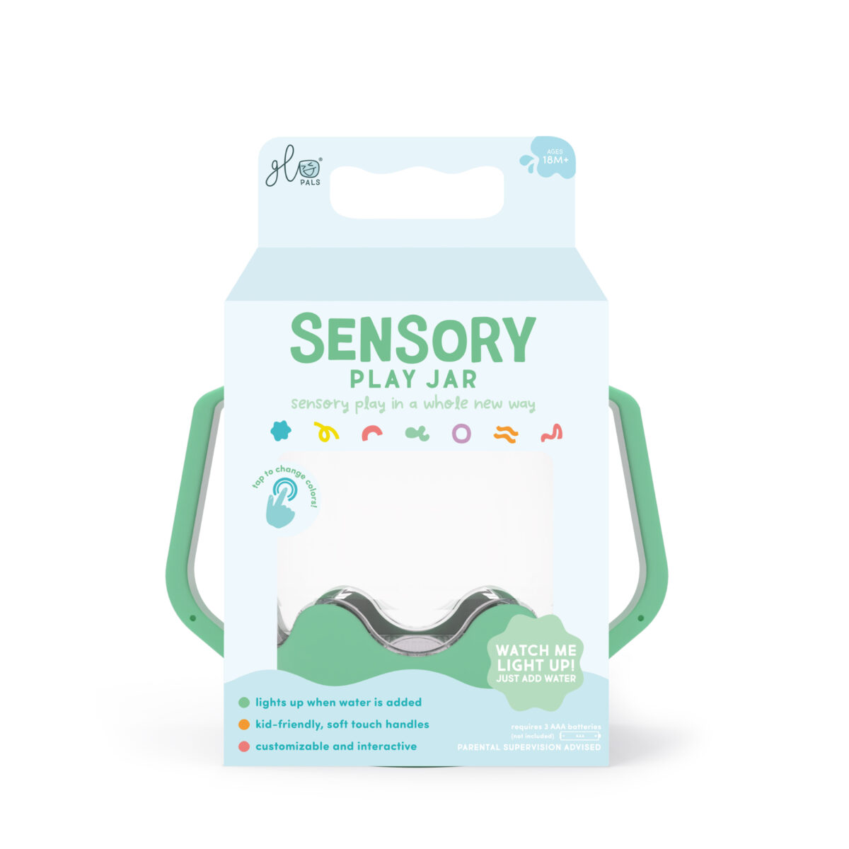 Glo Pals Sensory Jar, värviline valguspurk – Teal Green Glo Pals helendavad valguskuubikud - HellyK - Kvaliteetsed lasteriided, villariided, barefoot jalatsid