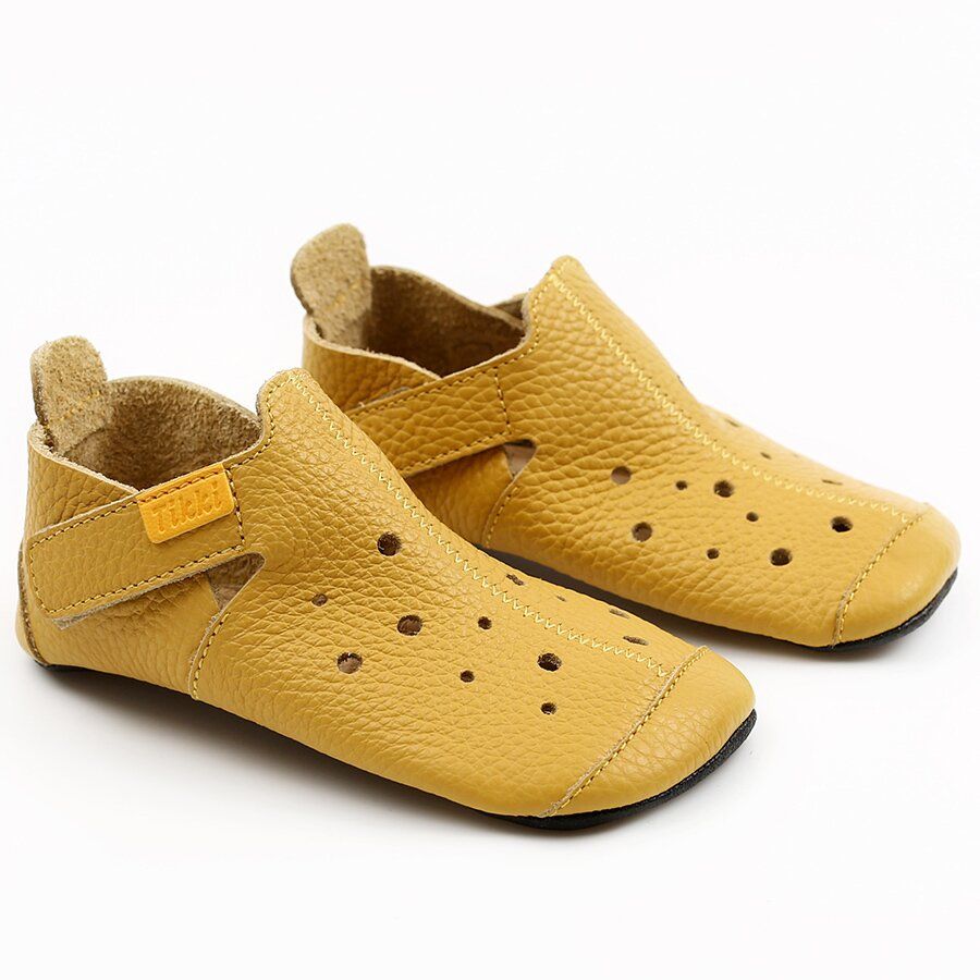 Tikki Ziggy V2 nahast sussid – Yellow Laste barefoot jalatsid - HellyK - Kvaliteetsed lasteriided, villariided, barefoot jalatsid