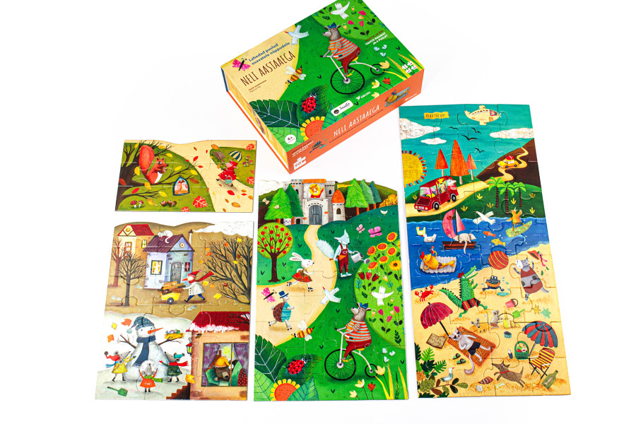 Neli aastaaega. Vahva raamat ja 4 puslet Mänguasjad - HellyK - Kvaliteetsed lasteriided, villariided, barefoot jalatsid