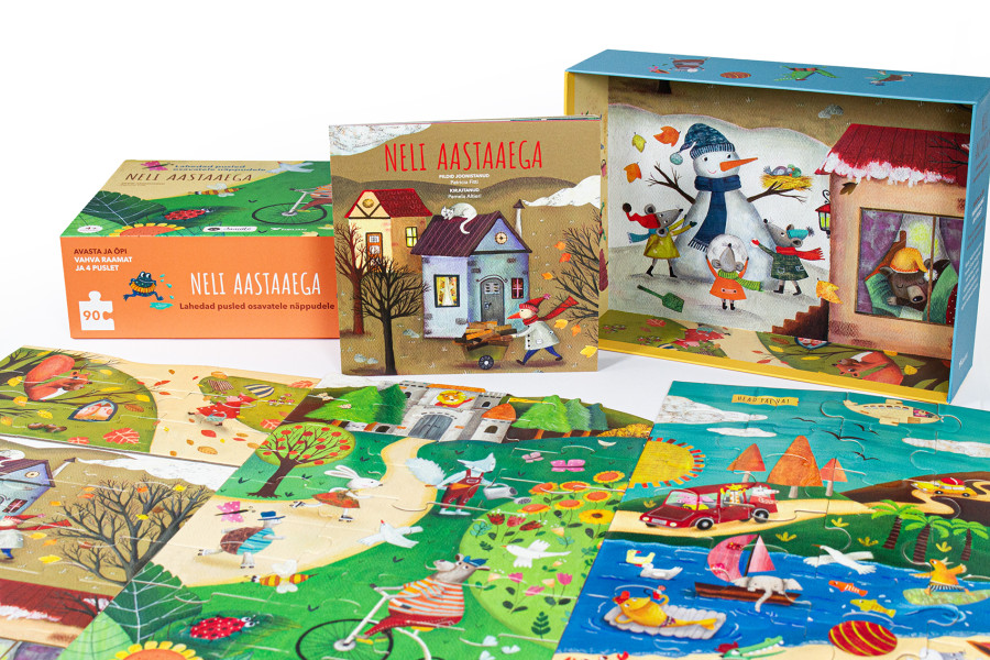 Neli aastaaega. Vahva raamat ja 4 puslet Mänguasjad - HellyK - Kvaliteetsed lasteriided, villariided, barefoot jalatsid