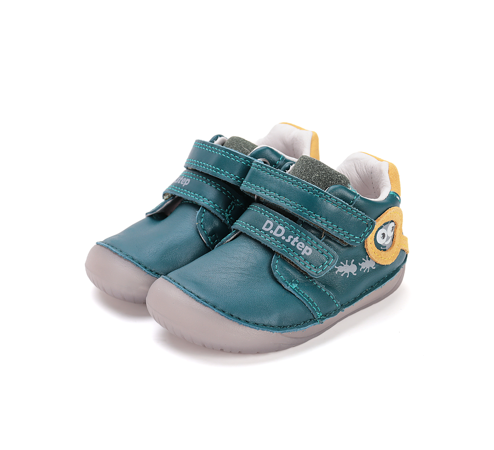 D.D.Step helendava talla ja embleemidega nahast tossud, calypso sky/putukate uurija 070 D.D.Step - HellyK - Kvaliteetsed lasteriided, villariided, barefoot jalatsid