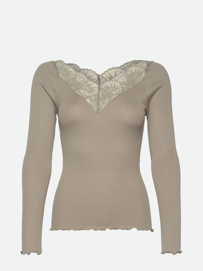 Rosemunde Babette pitsiga siidikardigan, laurel oak Naistele - HellyK - Kvaliteetsed lasteriided, villariided, barefoot jalatsid