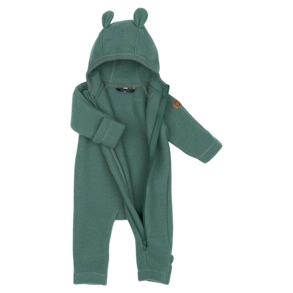Mikk-Line meriinofliisist kombe kapuutsi ja kõrvadega, balsam green Mikk-Line - HellyK - Kvaliteetsed lasteriided, villariided, barefoot jalatsid