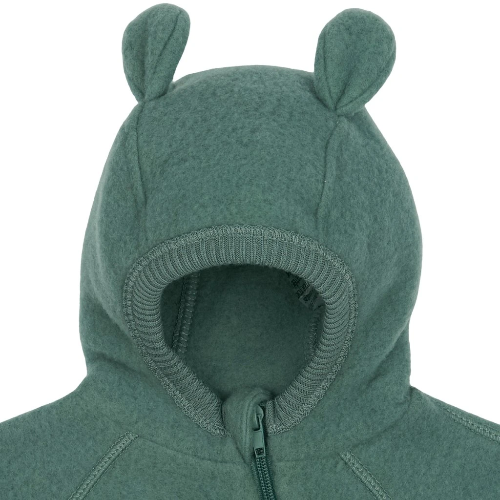 Mikk-Line meriinofliisist kombe kapuutsi ja kõrvadega, balsam green Mikk-Line - HellyK - Kvaliteetsed lasteriided, villariided, barefoot jalatsid