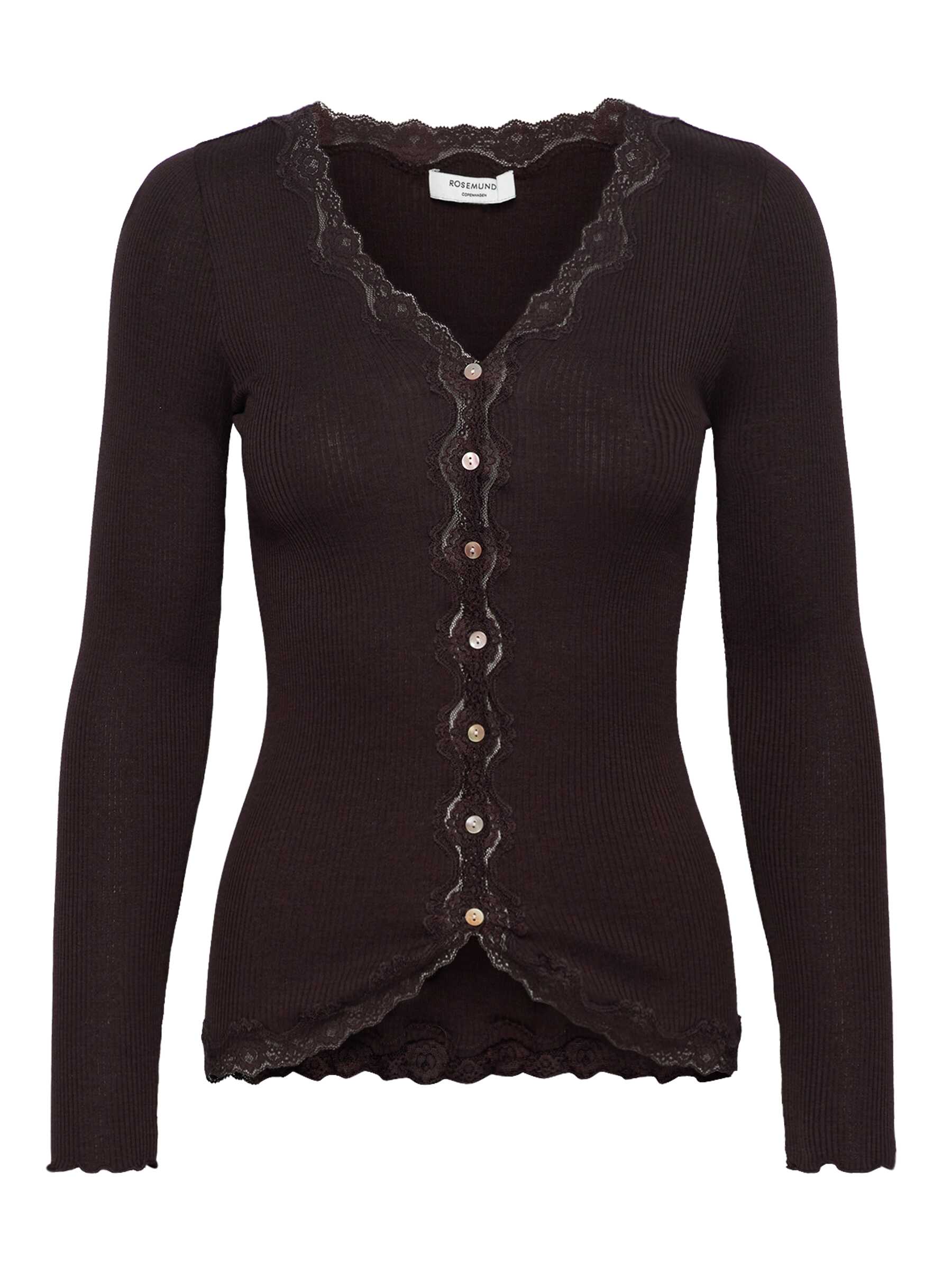 Rosemunde Babette pitsiga siidikardigan, ganache Rosemunde Babette pitsiga siidikardigan, ganache Naistele - HellyK - Kvaliteetsed lasteriided, villariided, barefoot jalatsid