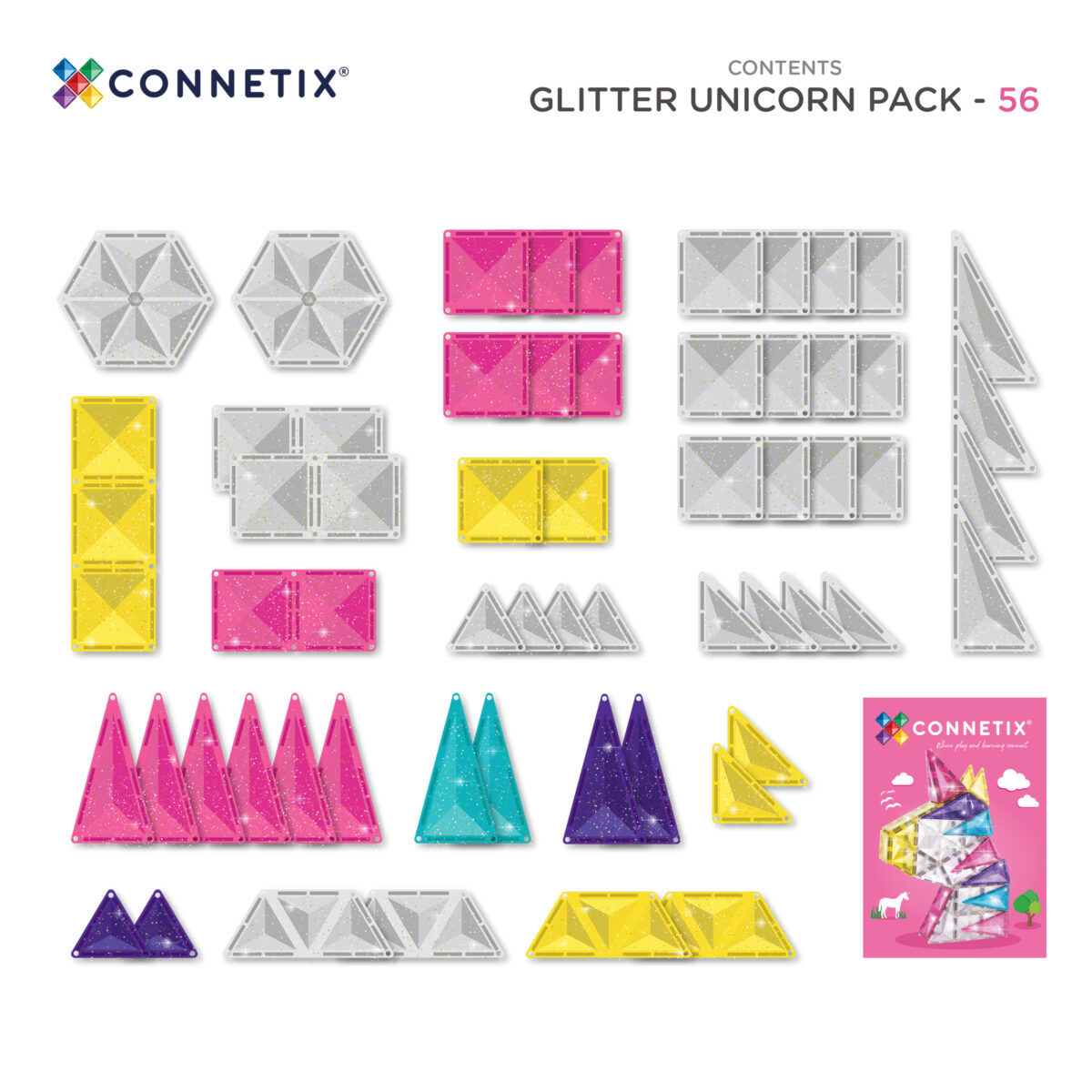 Connetix Glitter Unicorn Pack 56 pc, sädelevad magnetklotsid ✨ CONNETIX magnetklotsid - HellyK - Kvaliteetsed lasteriided, villariided, barefoot jalatsid