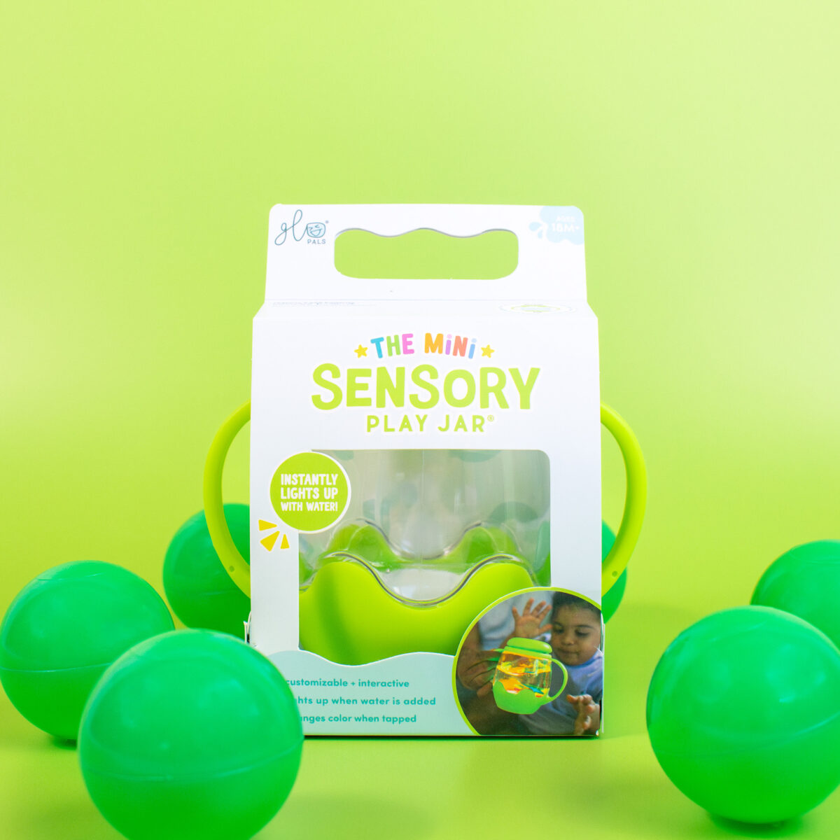 Glo Pals Sensory Play MINI, värviline valguspurk, green Glo Pals helendavad valguskuubikud - HellyK - Kvaliteetsed lasteriided, villariided, barefoot jalatsid