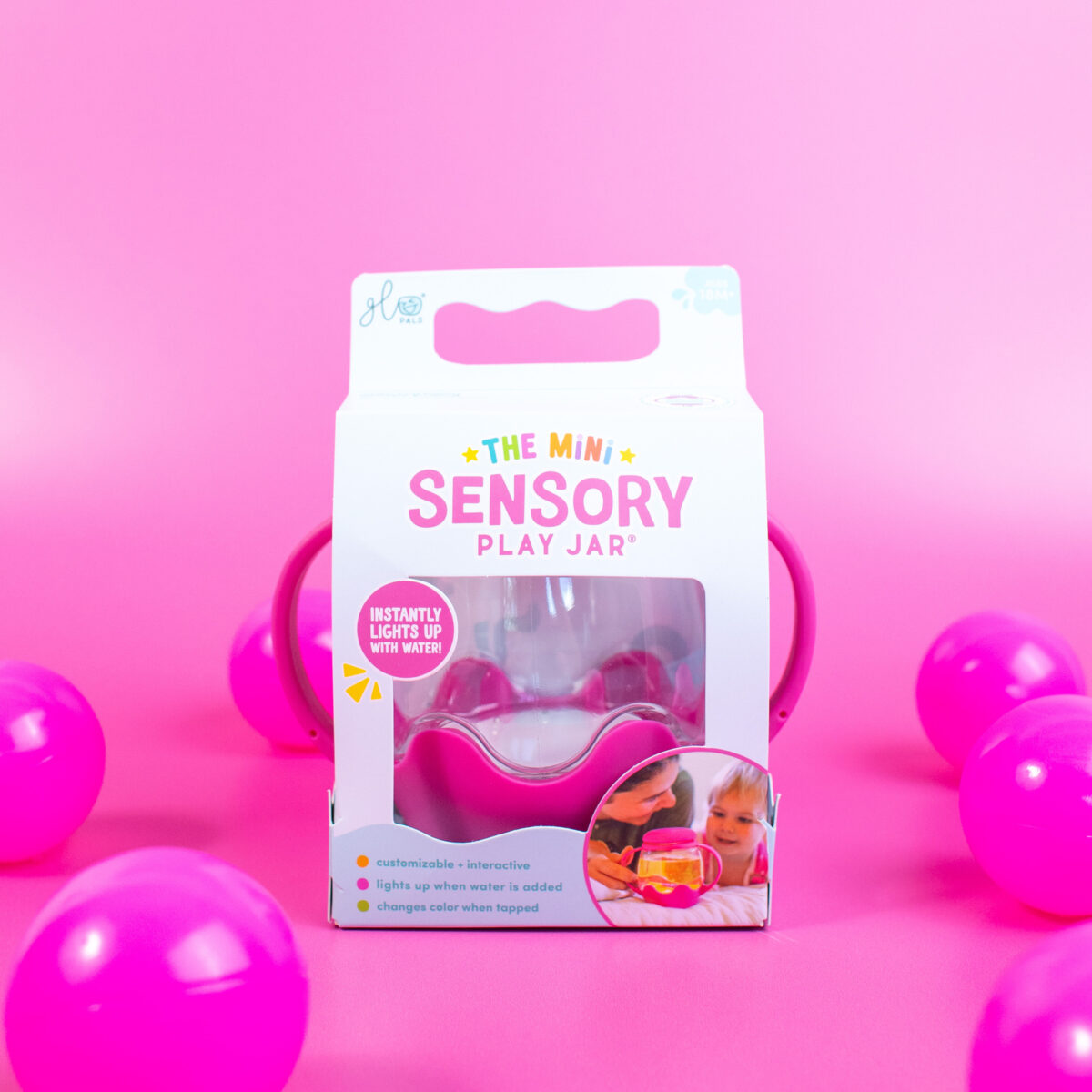 Glo Pals Sensory Play MINI, värviline valguspurk, pink Glo Pals helendavad valguskuubikud - HellyK - Kvaliteetsed lasteriided, villariided, barefoot jalatsid