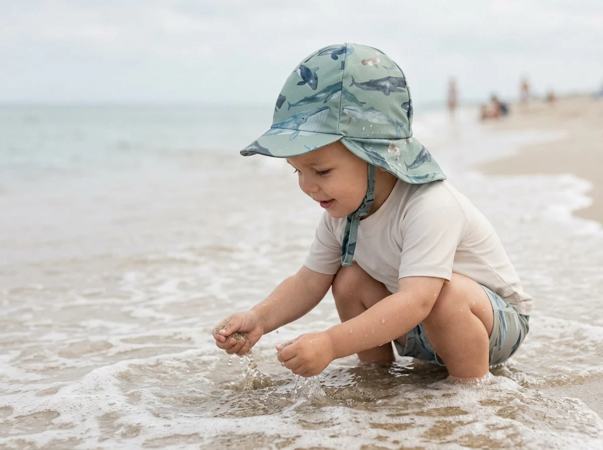 Laps rannas UV-mütsiga